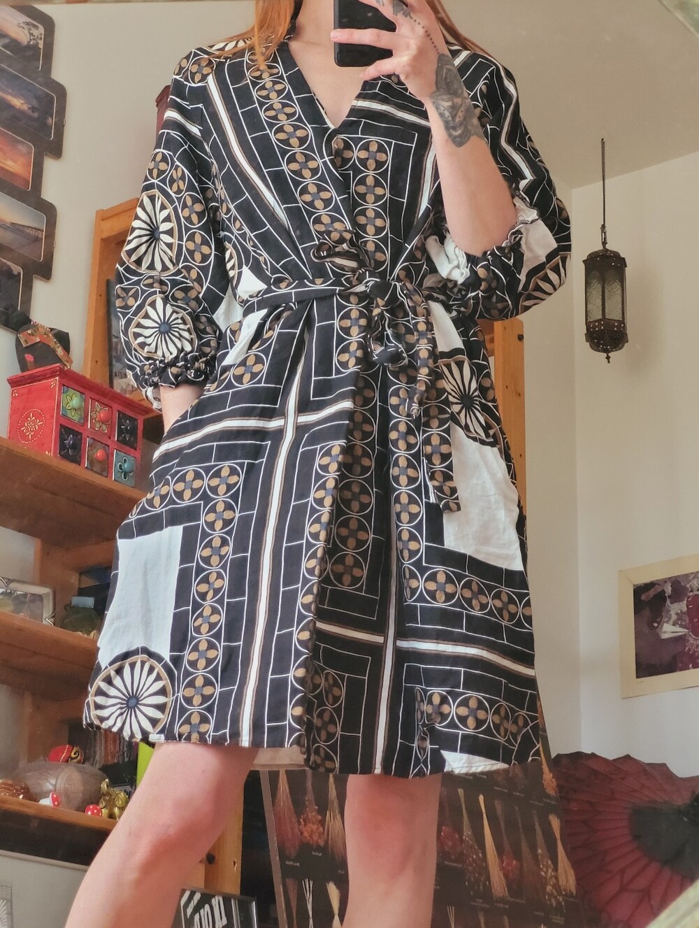 Marc O'Polo Raglan Sleeves Belted At Waist Linen Floral Black White Dress - 36